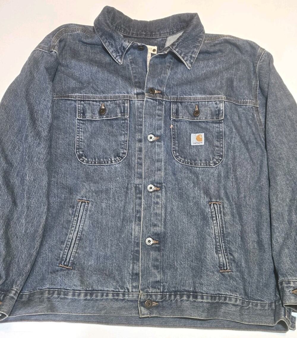 Carhartt Vintage Men's Denim Jacket 3XL Blue Button Closure Logo Accents Pockets